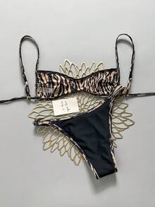 Swim Vcay 女款夏季海灘極簡優雅浪漫休閒度假性感時尚外穿泳衣套裝，百搭豹紋與斑馬紋印花，雙面印花可翻面，多種造型選擇，抹胸微比基尼，適合海灘、度假村、水療、音樂節、蜜月及休閒度假場合 - 彩色 - 查看 6
