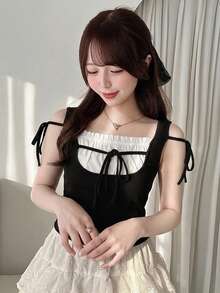 FRIFUL 2 In 1 Color Block Ruched Tie-Up Slimming Casual Versatile T-Shirt Summer Cute Top - Black - View 3