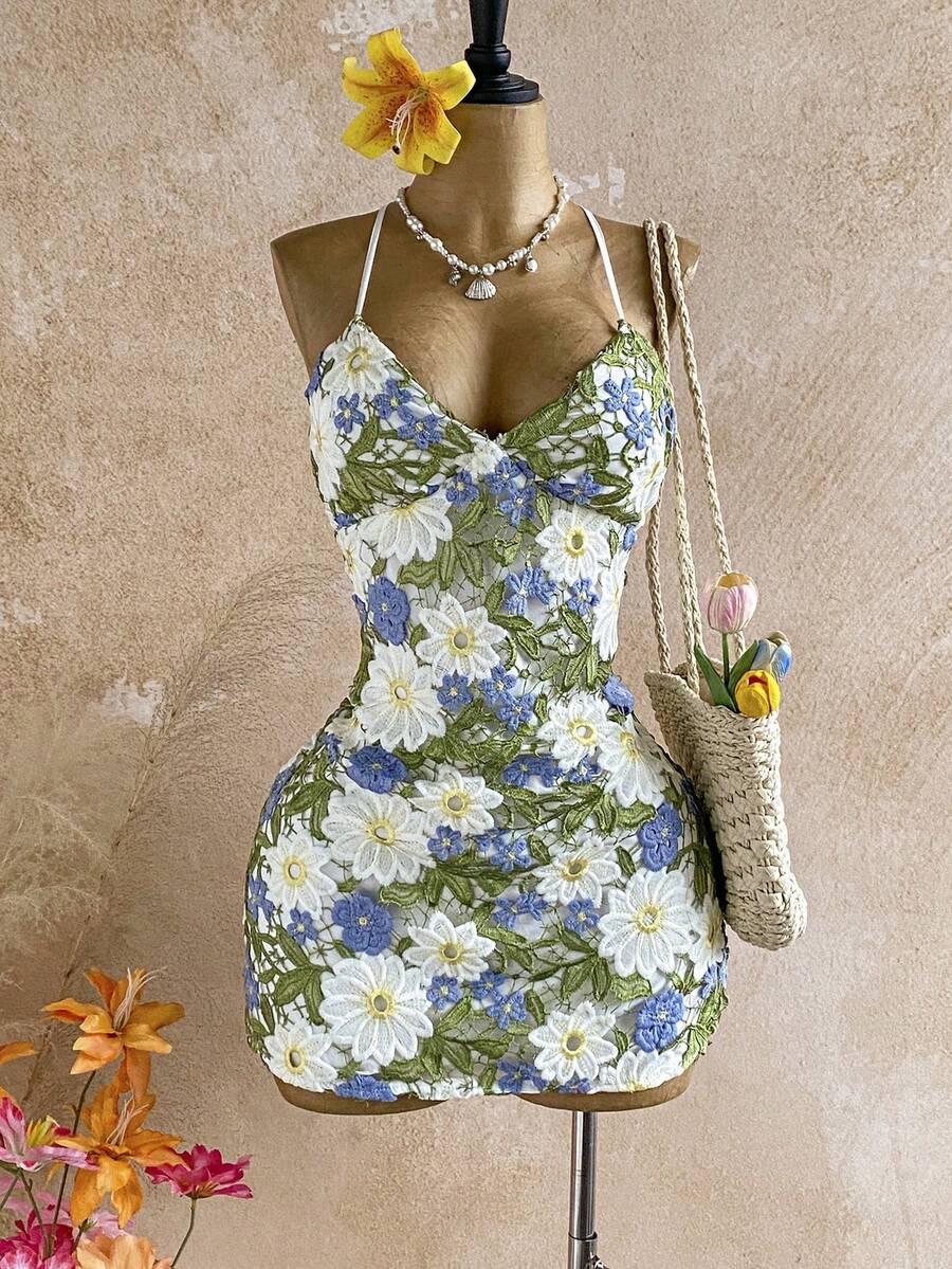 Soleia Vestido mini elegante y de moda para citas y fiestas con bordado floral para mujer - Multicolor - Ver 1
