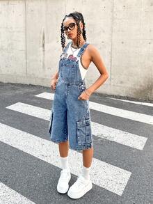 SHEIN 青少年女孩Y2K休閒純色水洗翻蓋口袋吊帶背帶牛仔褲工裝連身褲不含背心，青少年女孩開學穿搭服飾 - 中等水洗藍 - 查看 3