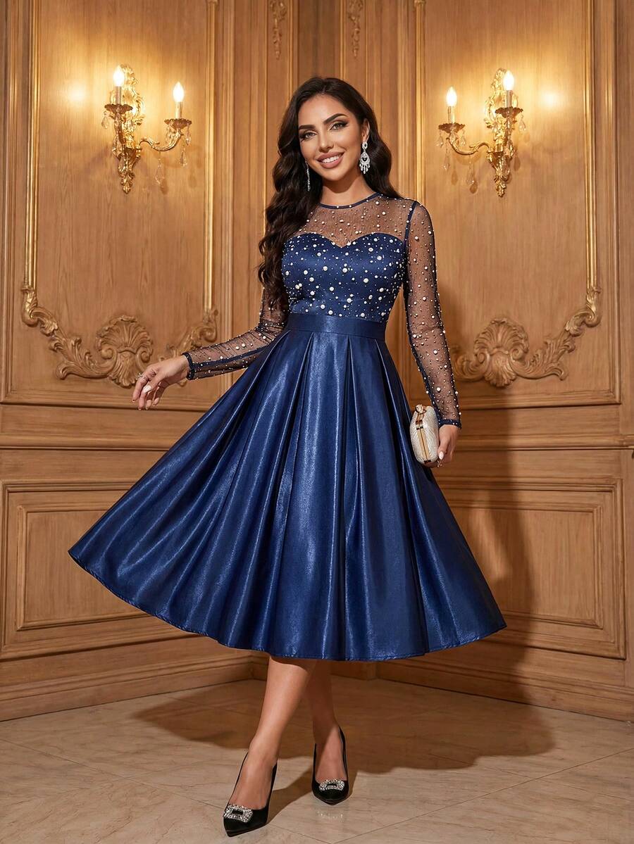 SHEIN Lady Women's Polka Dot Mesh Patchwork Round Neck Long Sleeve Elegant Mid-Length Dress - Navy Blue - View 1