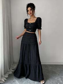 Elenzga Elegant Women's Blue Textured Fabric Vacation Casual Daily Outwear Short Sleeve Square Neck Button Up Top Patchwork Design With Flare Skirt Two Pieces Set Summer Summer Outfits Going Out Top - Black - View 6