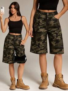 SHEIN Tall Quần short Bermuda nữ họa tiết rằn ri, có túi, dáng rộng, thoải mái, kiểu cargo, quần short rằn ri. - xanh quân đội - Xem 3