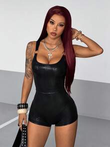 SHEIN PETITE Streetwear Sexy Summer Women's Black Crocodile Pattern Short Jumpsuit, Petite Women Night Out - Black - View 7