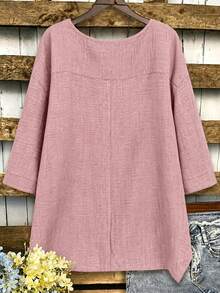 EMERY ROSE Plus Size Women's Summer Casual Boho Solid Color Round Neck Shirt Vacation Dusty Rose - Dusty Pink - View 2