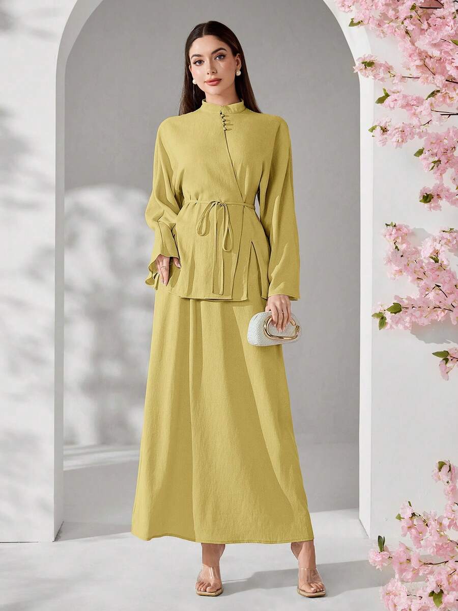 Veilorie 女款優雅極簡純色小立領喇叭袖開衩上衣與裙子兩件套 - 黃色 - 查看 1
