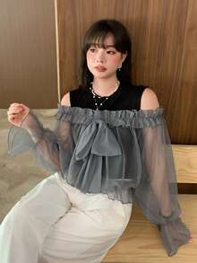 Dazy Plus Solid Color Sheer Mesh Bow Ruffle Cuff Fitted Slimming Casual Versatile 2-Piece Set For Women Spring Summer Autumn - Grey - View 6