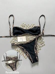 Swim Vcay 女款夏季海灘極簡優雅浪漫休閒度假性感時尚外穿泳衣套裝，百搭豹紋與斑馬紋印花，雙面印花可翻面，多種造型選擇，抹胸微比基尼，適合海灘、度假村、水療、音樂節、蜜月及休閒度假場合 - 彩色 - 查看 5