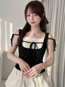 FRIFUL 2 In 1 Color Block Ruched Tie-Up Slimming Casual Versatile T-Shirt Summer Cute Top - Black - View 5