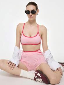 Bralution 2pcs Pink Contrast Color Cross Back Sports Bra Set, Suitable For Gym, Daily Casual Wear - Pink - View 1