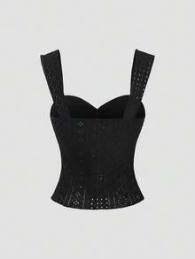 Sweetra Women's Spring/Summer New Vintage Sexy Hot Girl Cute Playful Colorblock Patchwork Jacquard Hollow Fabric Lace Trim Bow Tie Front Slim Fit Tank Top - Black - View 2
