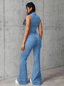 SHEIN EZwear 女款夏季休閒無袖牛仔連身褲 - 藍色 - 查看 2
