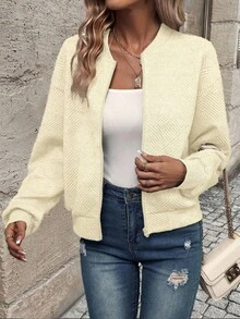 EMERY ROSE Women's Casual Everyday Solid Color Zipper Front Drop Shoulder Jacket - Apricot - View 3