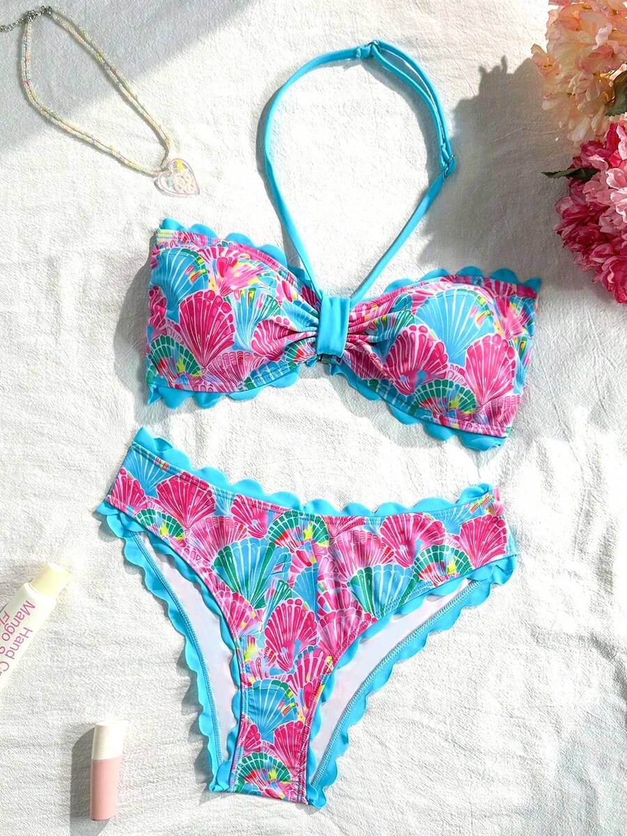 SHEIN 少女贝壳印花吊带比基尼,适合夏季海滩度假 - 彩色 - 查看 1