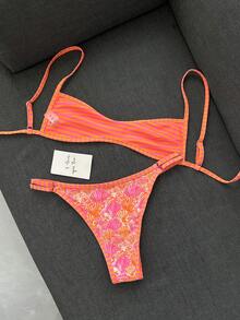 Swim Mod 女款海灘裝彩色貝殼印花條紋印花綁帶雙面印花可翻面性感微比基尼時尚休閒度假甜美可愛性感女款泳衣套裝 - 彩色 - 查看 5