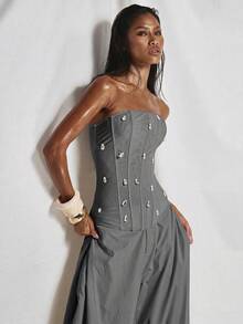MUSERA Crystal Teardrop Embellished Boned Corset Bandeau Top Cute Summer Spring Going Out Occasion Embellished Elegant - Grey - View 5