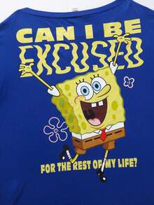 SpongeBob SquarePants | SHEIN Women's Summer Casual Letter And Cartoon Print Round Neck Short Sleeve T-Shirt - Blue - View 7