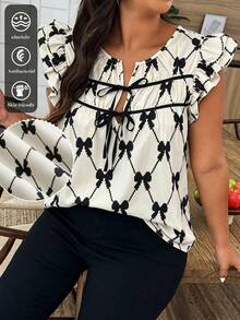 Weeklong Plus Size Faux Linen Contrast Color Bow Pattern Shirt - Black and White - View 3