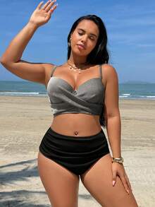 Swim Lushoire Plus Size Women's Striped Ribbed Print Underwire Push-Up Criss-Cross Design Top With Black Striped Ruched Tummy Control Minimalist Sexy Summer Beach Swimsuit Set - Black and White - View 5
