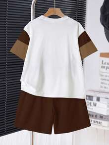 Tween Boy Casual Comfortable Minimalist Round Neck Short Sleeve T-Shirt And Shorts Set - Multicolor - View 3