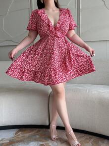 Vibekara Plus Size Summer Ruffle Sleeve French Romantic Boho Vacation Ditsy Floral Waist-Cinched Dress 1 Red And White - Multicolor - View 6