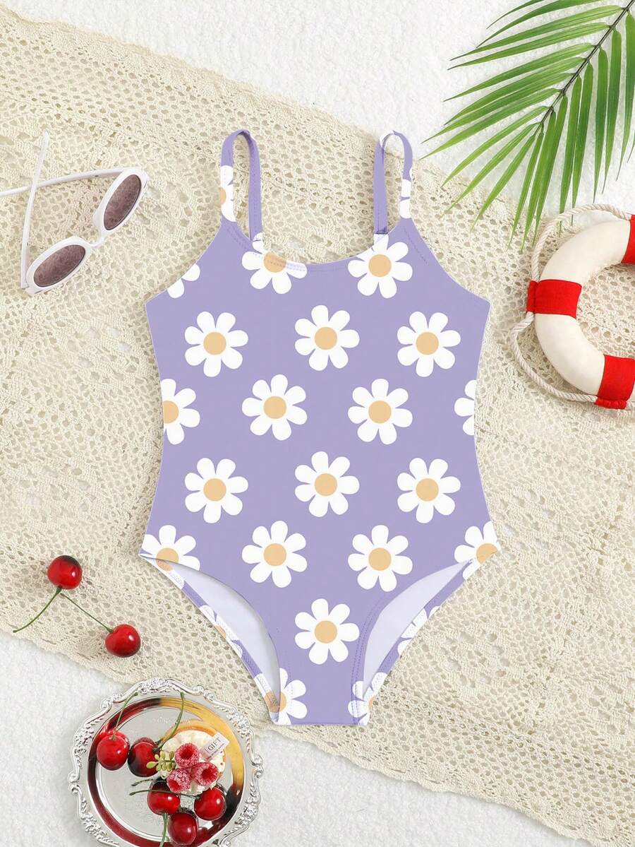 SHEIN 女童花卉印花肩帶式連身泳衣,休閒版型,適合海灘、度假、玩耍、沙灘、夏季 - 彩色 - 查看 1