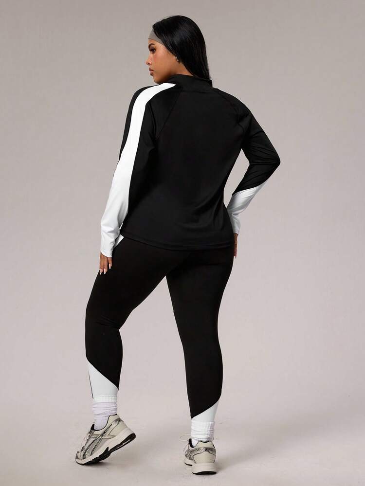 Breezaya Plus Size Neon Splice 2 Pieces Set, Half-Zip Long Sleeve Fitted Sweatshirt With Thumb Hole And Skinny High Waist Leggings - Black and White - View 2