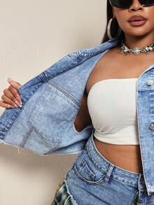 Slaydiva Women's Plus Size All-Season Outdoor Fashion Versatile Flame Motorcycle Graphic Distressed Blue Denim Jacket - Light Wash - View 7