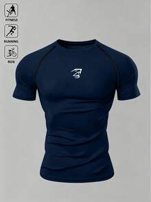 Acti Log 1pc Men's Summer Contrast Stitch Raglan Short Sleeve Compression Sports T-Shirt, Suitable For Fitness, Running, Cycling, Gym, Holiday - Navy Blue - View 7