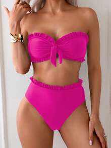 Swim Basics Women's Summer Beach Solid Color Ruffle Trim Bandeau Bikini Set With Front Knot, Two Pieces Swimwear Black Bathing Suits - Hot Pink - View 4