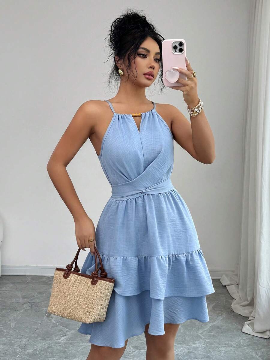 Selianne Women's Spring/Summer Elegant Khaki Beaded Decor Buckle Bow Tie Design Sleeveless Fitted Slim Fit Flared Mini Dress - Baby Blue - View 1