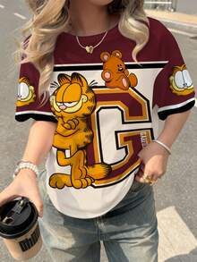 GARFIELD | SHEIN 大尺碼夏季休閒對比色貓咪與字母印花圓領短袖T恤 - 白色 - 查看 5