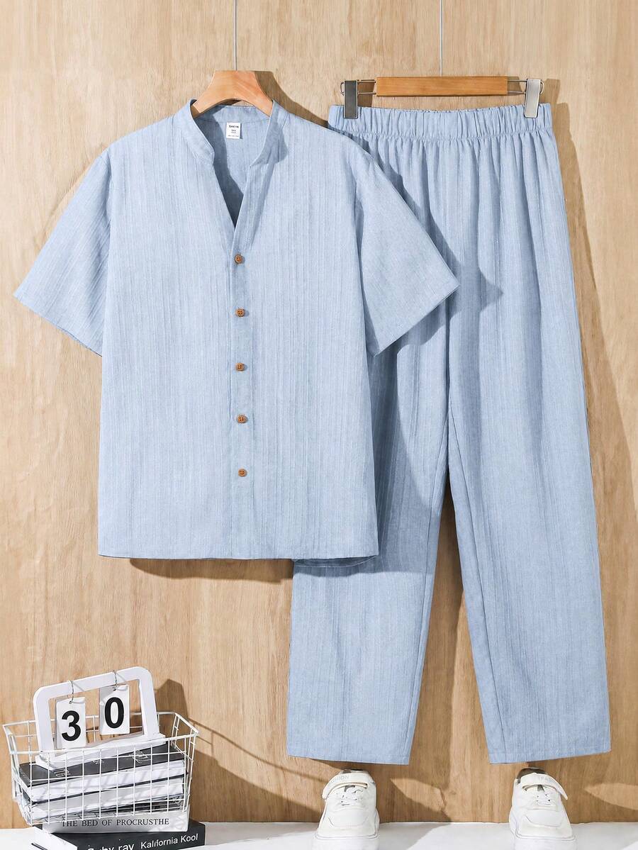 SHEIN Bộ 2 áo dệt kim cổ polo tay ngắn in họa tiết tương phản dáng rộng cho nam thiếu niên, phong cách thường ngày - Màu xanh nhạt - Xem 1