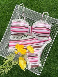 Swim Mod Women's Lace Beaded Decor Sweet Pink Bikini Bra And Bottoms 2 Pieces Set Beach Vacation Summer Tropical - Multicolor - View 6