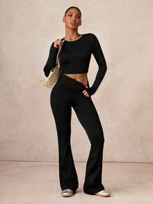 Lumalex Sexy Solid Color Twist Back Cropped Sports T-Shirt - Black - View 8