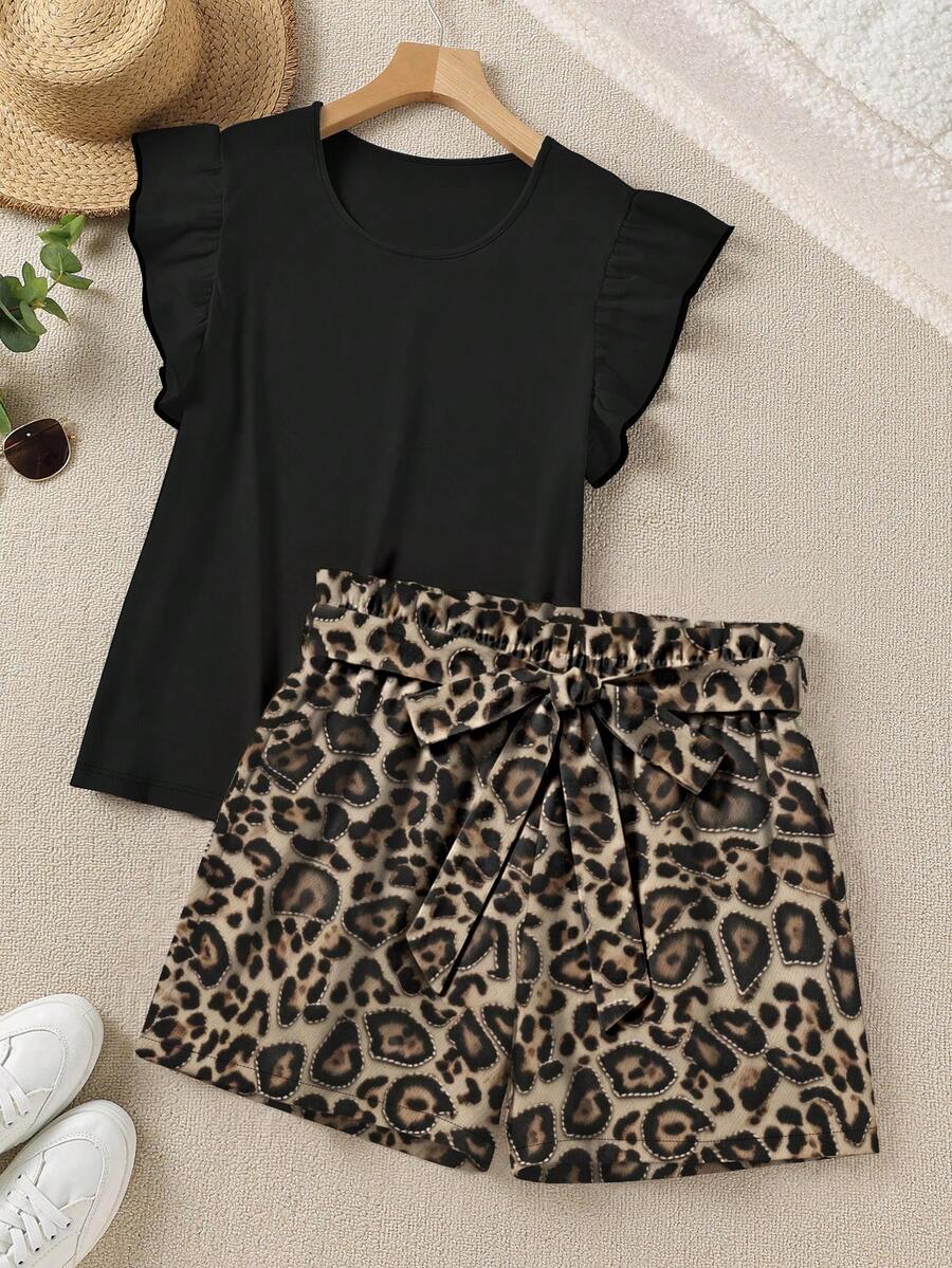 EMERY ROSE Two Pieces Set: Plus-Size Solid Color Ruffled Sleeve Top And Leopard Print Shorts, Casual Whimsical Cute Vacation Summer Women's Clothing Black Beige - Multicolor - View 1