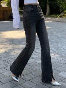 Joudiya Split Flare Jeans - Dark Grey - View 10