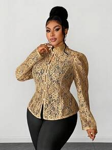 Maweii Plus Size Hollow Lace Stand Collar Button Long Sleeve Blouse - Mustard Yellow - View 5