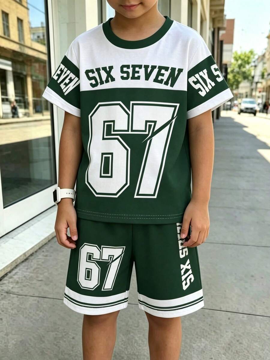 1套青少年男孩SIX SEVEN字母印花拼色套裝,美式復古運動風兩件組,短袖上衣配短褲 - 彩色 - 查看 1
