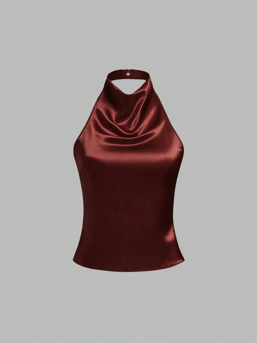 Sweetra Backless Tie-Up Satin Solid Color Halter Draped Backless Camisole - Redwood - View 1