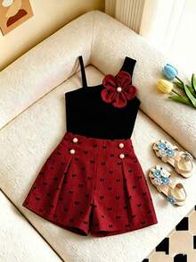 Tween Girls 2pcs/Set Spring/Summer Girls Children Clothing Mini Set, Sleeveless Camisole + Yellow Shorts, Camisole With Thin Shoulder Straps And - Red - View 4