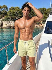 Manfinity Swimmode Summer Men's Striped Print Drawstring Waist Beach Shorts , Holiday Vacation Beach Hawaii Tropical Swim Bathing Vacation Date Couple - Light Yellow - View 5