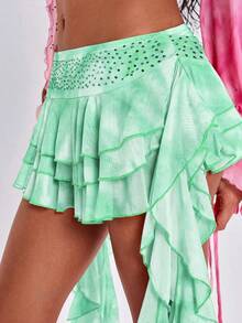 ROMWE Y2K Spring/Summer Vacation Sexy Wild Passionate Gradient Print Waist Rhinestone Embellished Hem Ruffle Women's Mini Cake Skirt - Green - View 6