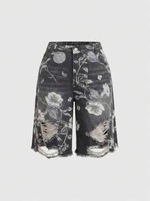 ROMWE Fairycore Vintage Floral Print Washed Plus Size Women's Loose Wide Leg Denim Capri Pants - Black - View 1
