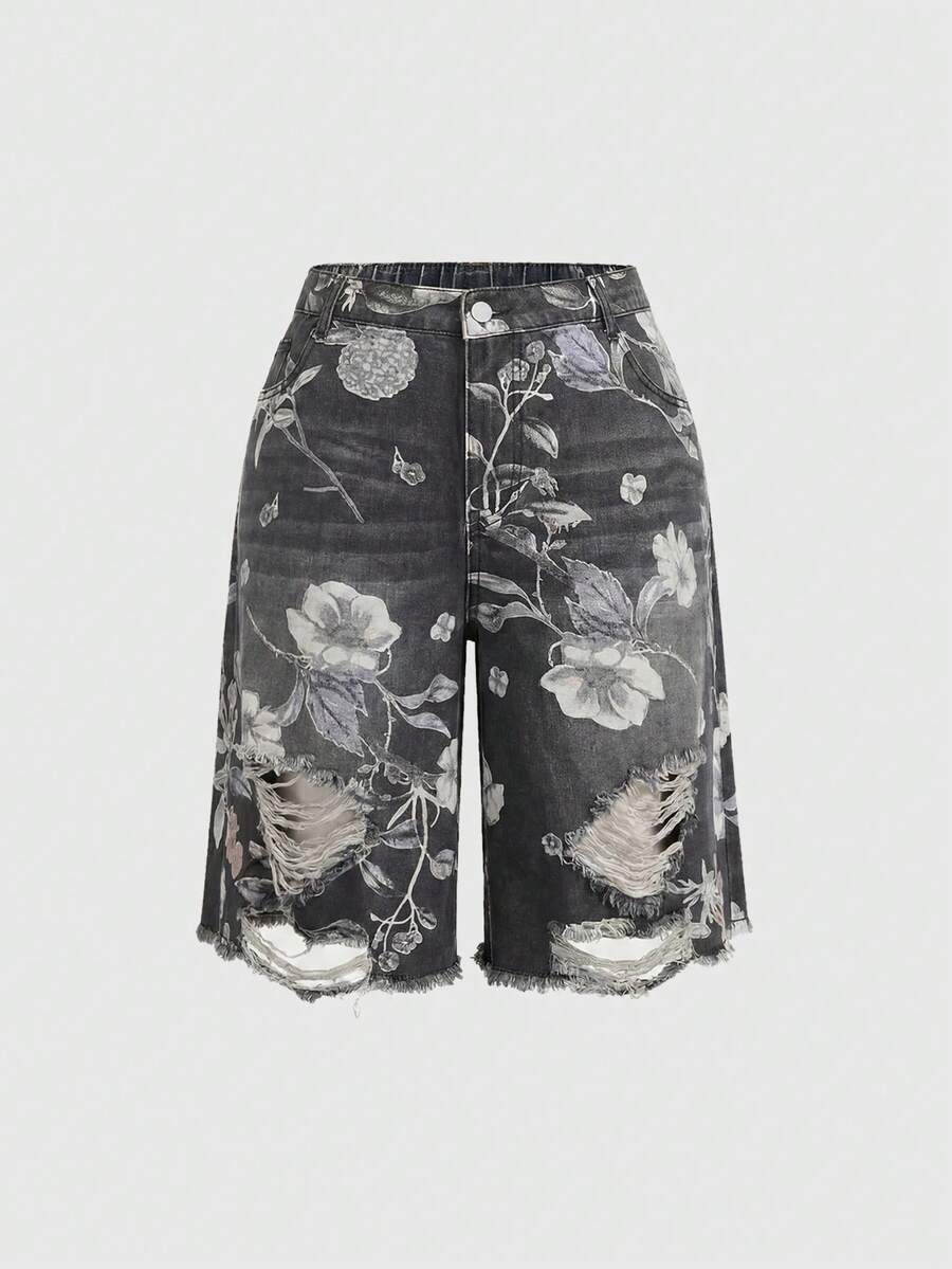 ROMWE Fairycore Vintage Floral Print Washed Plus Size Women's Loose Wide Leg Denim Capri Pants - Black - View 1