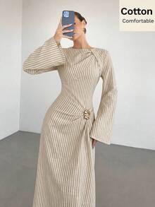 Siren Gaze 女款素色扭結細節前金屬扣飾喇叭長袖洋裝，女款婚禮賓客洋裝，女款冬季洋裝 - 杏色 - 查看 6