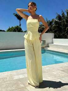 Aloruh Women's Elegent Pale Yellow 2-Piece Set,Asymmetrical Peplum Hem Tube Top & Wide Leg Pants,Summer Holiday Vacation Outfits For Beach & Office Wear - Light Yellow - View 4