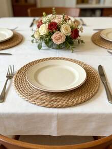 1/4/6PCS Handwoven Braided Rustic Boho Round Placemats Charger Plates Farmhouse Winter Holiday Dining Table Kitchen Home Decor Table Setting Rustic Boho Tableware Set - Multicolor - View 9