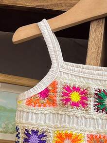 SHEIN Vintaside Kids 嬰兒(女嬰)休閒日常時尚細肩帶上衣配花卉刺繡精緻柔軟素色長褲套裝 夏季嬰兒外出可愛陽光穿搭 - 杏色 - 查看 7
