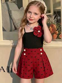 Tween Girls 2pcs/Set Spring/Summer Girls Children Clothing Mini Set, Sleeveless Camisole + Yellow Shorts, Camisole With Thin Shoulder Straps And - Red - View 3